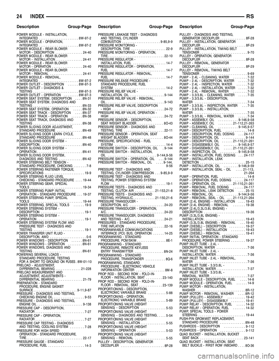 CHRYSLER CARAVAN 2005 User Guide POWER MODULE - INSTALLATION,INTEGRATED ......................8W -97-2
POWER MODULE - OPERATION, INTEGRATED ......................8W -97-2
POWER MODULE - REAR BLOWER MOTOR - DESCRIPTION ............... CHRYSLER CARAVAN 2005 User Guide POWER MODULE - INSTALLATION,INTEGRATED ......................8W -97-2
POWER MODULE - OPERATION, INTEGRATED ......................8W -97-2
POWER MODULE - REAR BLOWER MOTOR - DESCRIPTION ...............