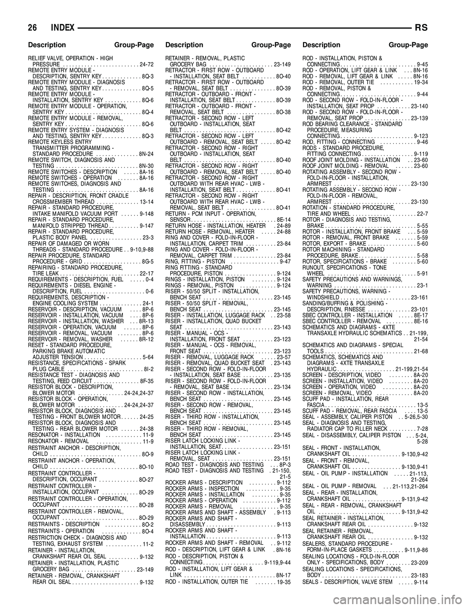 CHRYSLER CARAVAN 2005 User Guide RELIEF VALVE, OPERATION - HIGHPRESSURE ......................... 24-72
REMOTE ENTRY MODULE - DESCRIPTION, SENTRY KEY .............8Q-3
REMOTE ENTRY MODULE - DIAGNOSIS AND TESTING, SENTRY KEY ......... CHRYSLER CARAVAN 2005 User Guide RELIEF VALVE, OPERATION - HIGHPRESSURE ......................... 24-72
REMOTE ENTRY MODULE - DESCRIPTION, SENTRY KEY .............8Q-3
REMOTE ENTRY MODULE - DIAGNOSIS AND TESTING, SENTRY KEY .........