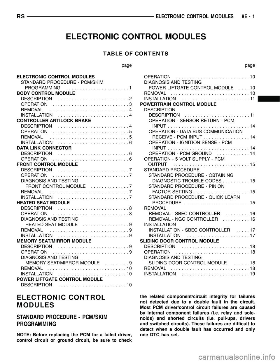CHRYSLER CARAVAN 2005  Service Manual ELECTRONIC CONTROL MODULES
TABLE OF CONTENTS
page page
ELECTRONIC CONTROL MODULES
STANDARD PROCEDURE - PCM/SKIM
PROGRAMMING.......................1
BODY CONTROL MODULE
DESCRIPTION.....................