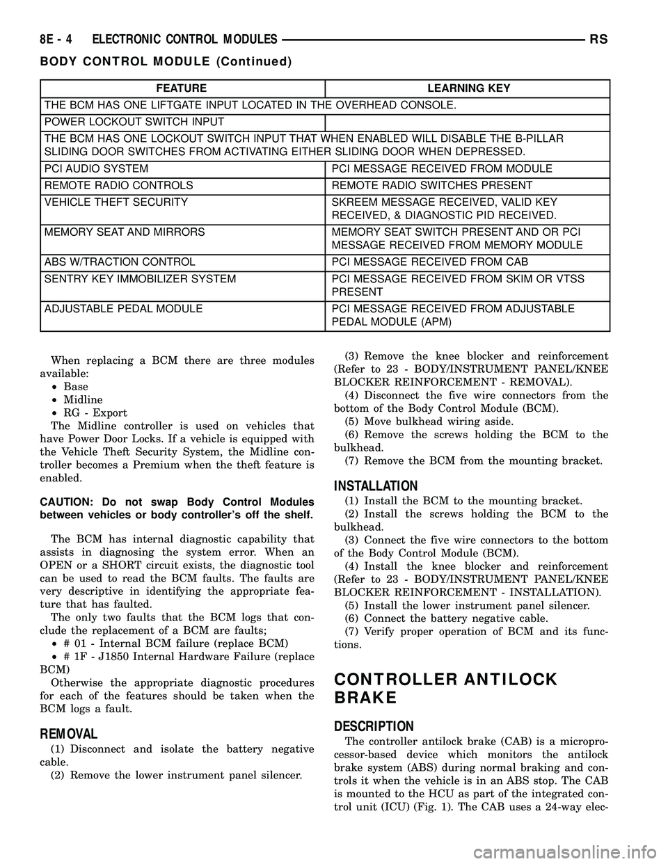 CHRYSLER CARAVAN 2005  Service Manual FEATURE LEARNING KEY
THE BCM HAS ONE LIFTGATE INPUT LOCATED IN THE OVERHEAD CONSOLE.
POWER LOCKOUT SWITCH INPUT
THE BCM HAS ONE LOCKOUT SWITCH INPUT THAT WHEN ENABLED WILL DISABLE THE B-PILLAR
SLIDING