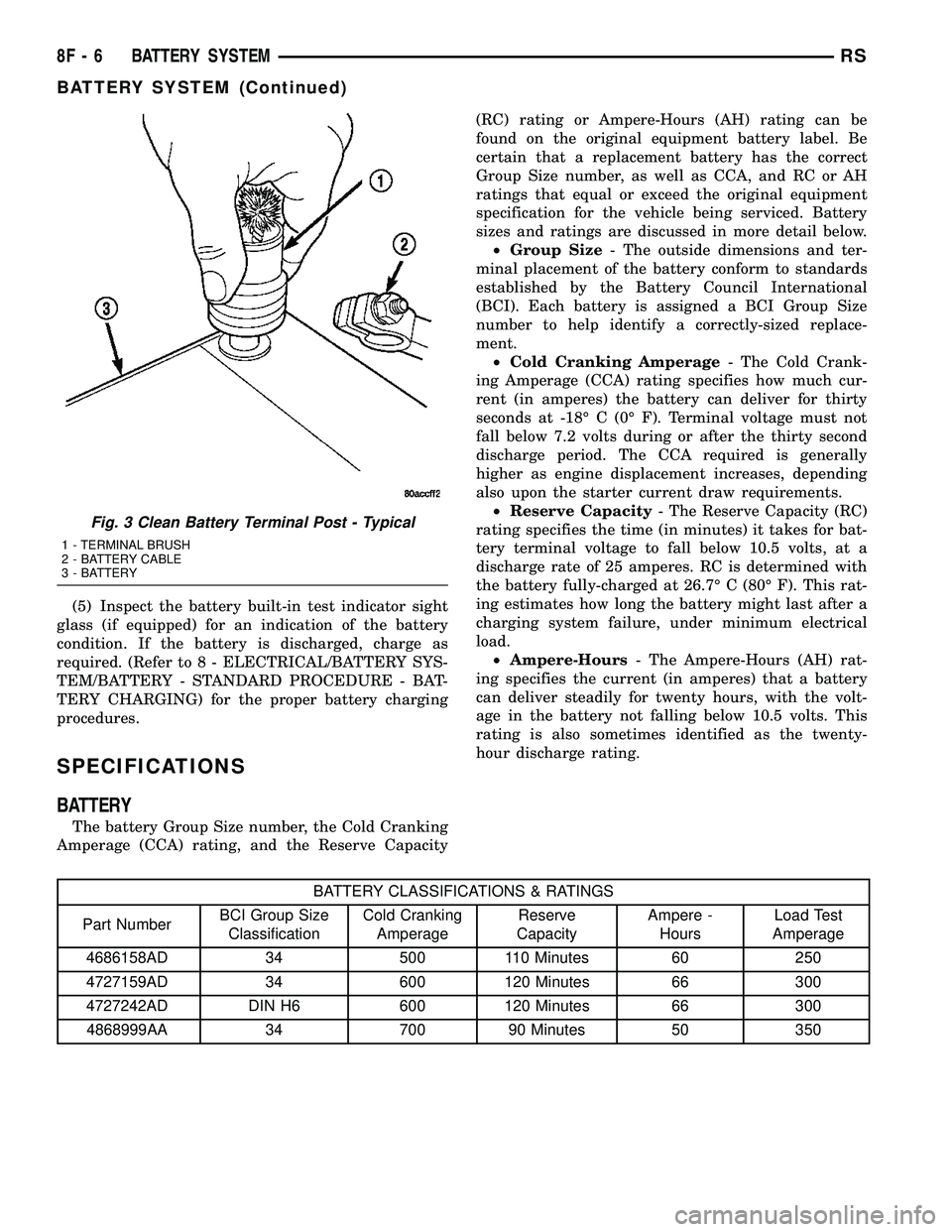 CHRYSLER CARAVAN 2005 Service Manual (5) Inspect the battery built-in test indicator sight
glass (if equipped) for an indication of the battery
condition. If the battery is discharged, charge as
required. (Refer to 8 - ELECTRICAL/BATTERY CHRYSLER CARAVAN 2005 Service Manual (5) Inspect the battery built-in test indicator sight
glass (if equipped) for an indication of the battery
condition. If the battery is discharged, charge as
required. (Refer to 8 - ELECTRICAL/BATTERY
