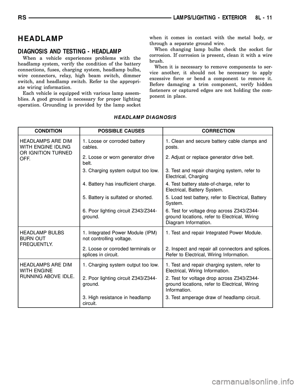 CHRYSLER CARAVAN 2005 Service Manual HEADLAMP
DIAGNOSIS AND TESTING - HEADLAMP
When a vehicle experiences problems with the
headlamp system, verify the condition of the battery
connections, fuses, charging system, headlamp bulbs,
wire co CHRYSLER CARAVAN 2005 Service Manual HEADLAMP
DIAGNOSIS AND TESTING - HEADLAMP
When a vehicle experiences problems with the
headlamp system, verify the condition of the battery
connections, fuses, charging system, headlamp bulbs,
wire co
