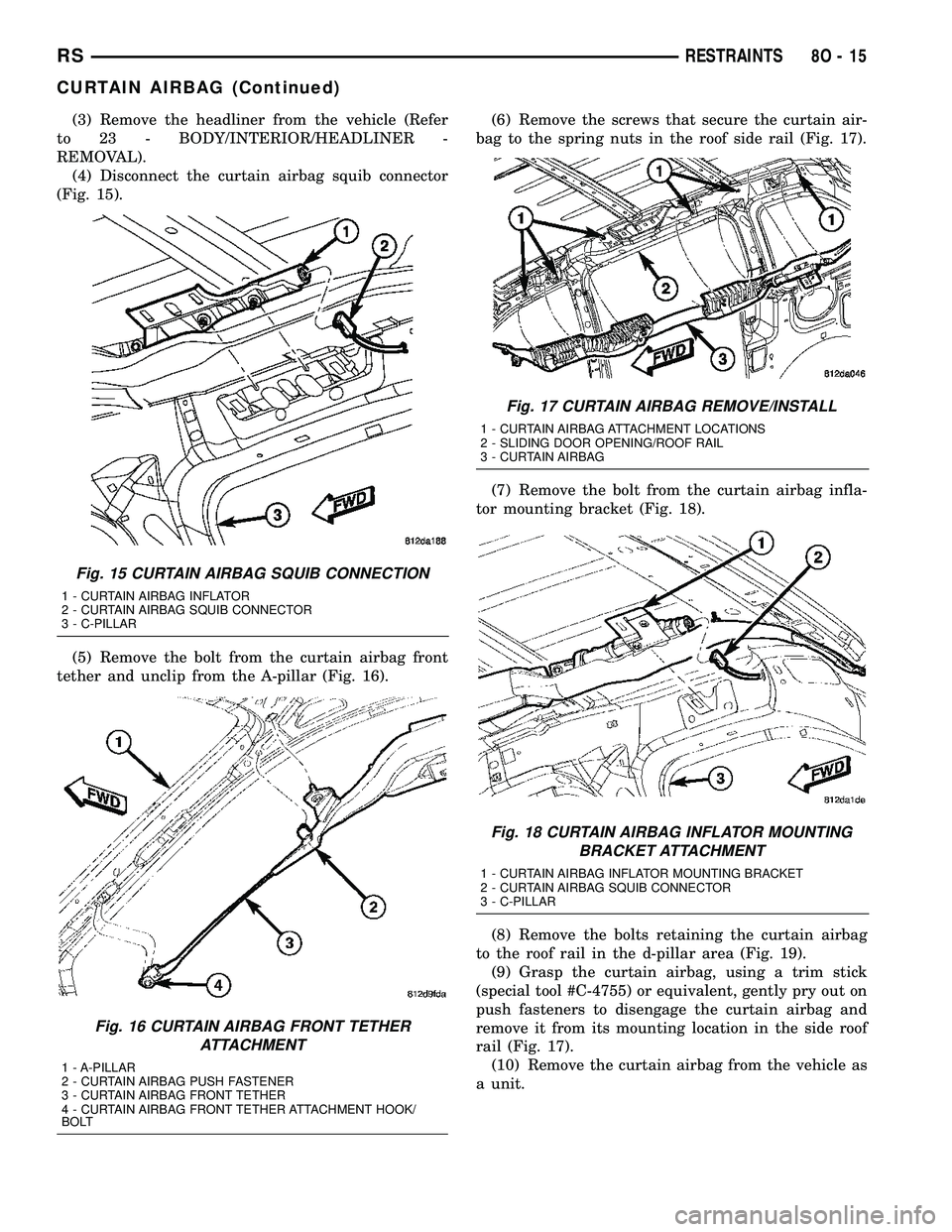 CHRYSLER CARAVAN 2005 Manual Online (3) Remove the headliner from the vehicle (Refer
to 23 - BODY/INTERIOR/HEADLINER -
REMOVAL).
(4) Disconnect the curtain airbag squib connector
(Fig. 15).
(5) Remove the bolt from the curtain airbag fr CHRYSLER CARAVAN 2005 Manual Online (3) Remove the headliner from the vehicle (Refer
to 23 - BODY/INTERIOR/HEADLINER -
REMOVAL).
(4) Disconnect the curtain airbag squib connector
(Fig. 15).
(5) Remove the bolt from the curtain airbag fr