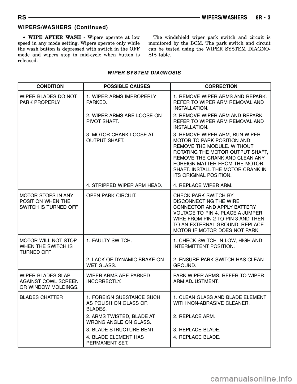 CHRYSLER CARAVAN 2005 Service Manual ²WIPE AFTER WASH- Wipers operate at low
speed in any mode setting. Wipers operate only while
the wash button is depressed with switch in the OFF
mode and wipers stop in mid-cycle when button is
relea CHRYSLER CARAVAN 2005 Service Manual ²WIPE AFTER WASH- Wipers operate at low
speed in any mode setting. Wipers operate only while
the wash button is depressed with switch in the OFF
mode and wipers stop in mid-cycle when button is
relea