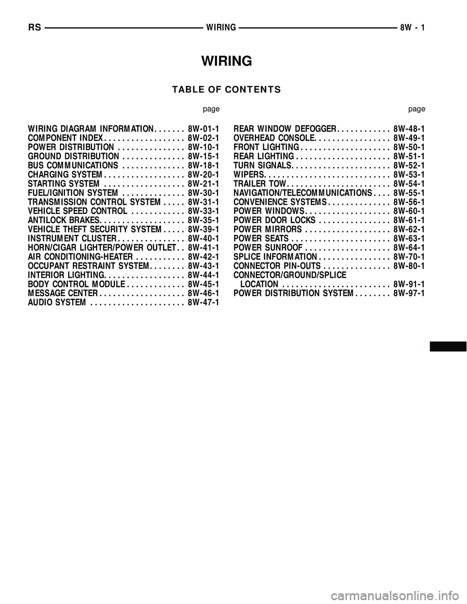 CHRYSLER CARAVAN 2005 Service Manual WIRING
TABLE OF CONTENTS
page page
WIRING DIAGRAM INFORMATION....... 8W-01-1
COMPONENT INDEX.................. 8W-02-1
POWER DISTRIBUTION............... 8W-10-1
GROUND DISTRIBUTION.............. 8W-15 CHRYSLER CARAVAN 2005 Service Manual WIRING
TABLE OF CONTENTS
page page
WIRING DIAGRAM INFORMATION....... 8W-01-1
COMPONENT INDEX.................. 8W-02-1
POWER DISTRIBUTION............... 8W-10-1
GROUND DISTRIBUTION.............. 8W-15