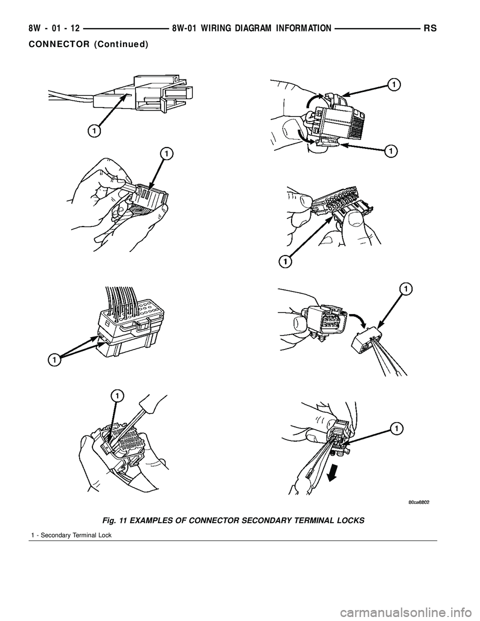CHRYSLER CARAVAN 2005 Workshop Manual Fig. 11 EXAMPLES OF CONNECTOR SECONDARY TERMINAL LOCKS
1 - Secondary Terminal Lock
8W - 01 - 12 8W-01 WIRING DIAGRAM INFORMATIONRS
CONNECTOR (Continued) CHRYSLER CARAVAN 2005 Workshop Manual Fig. 11 EXAMPLES OF CONNECTOR SECONDARY TERMINAL LOCKS
1 - Secondary Terminal Lock
8W - 01 - 12 8W-01 WIRING DIAGRAM INFORMATIONRS
CONNECTOR (Continued)