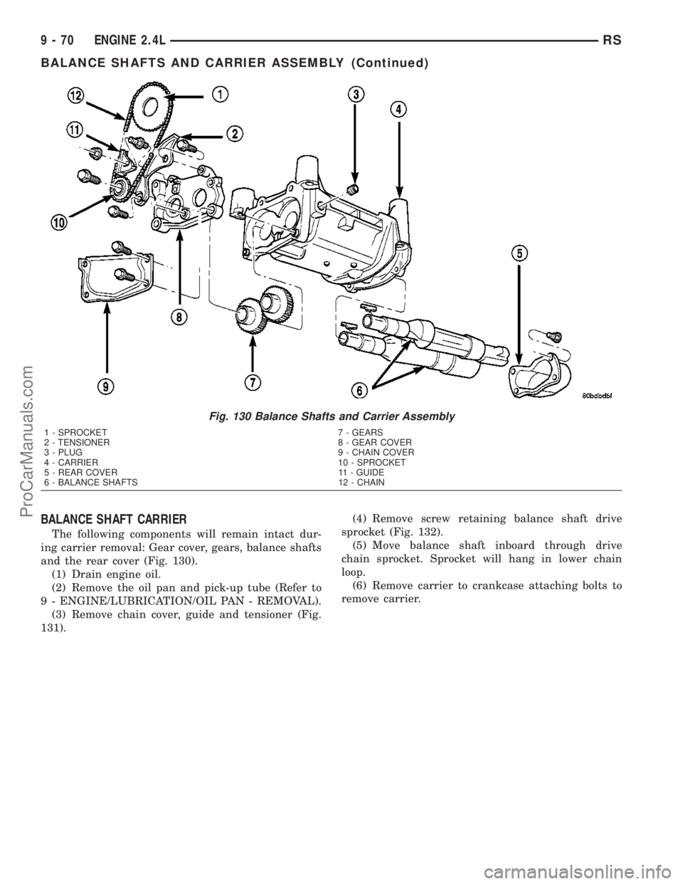 CHRYSLER CARAVAN 2003 Owners Manual BALANCE SHAFT CARRIER
The following components will remain intact dur-
ing carrier removal: Gear cover, gears, balance shafts
and the rear cover (Fig. 130).
(1) Drain engine oil.
(2) Remove the oil pa