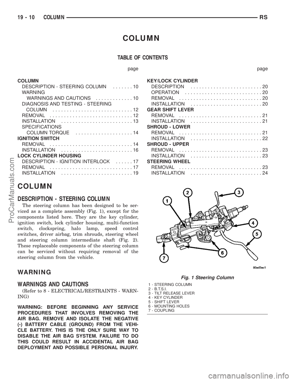 CHRYSLER CARAVAN 2003 Manual PDF COLUMN
TABLE OF CONTENTS
page page
COLUMN
DESCRIPTION - STEERING COLUMN.......10
WARNING
WARNINGS AND CAUTIONS.............10
DIAGNOSIS AND TESTING - STEERING
COLUMN............................12
REMO CHRYSLER CARAVAN 2003 Manual PDF COLUMN
TABLE OF CONTENTS
page page
COLUMN
DESCRIPTION - STEERING COLUMN.......10
WARNING
WARNINGS AND CAUTIONS.............10
DIAGNOSIS AND TESTING - STEERING
COLUMN............................12
REMO