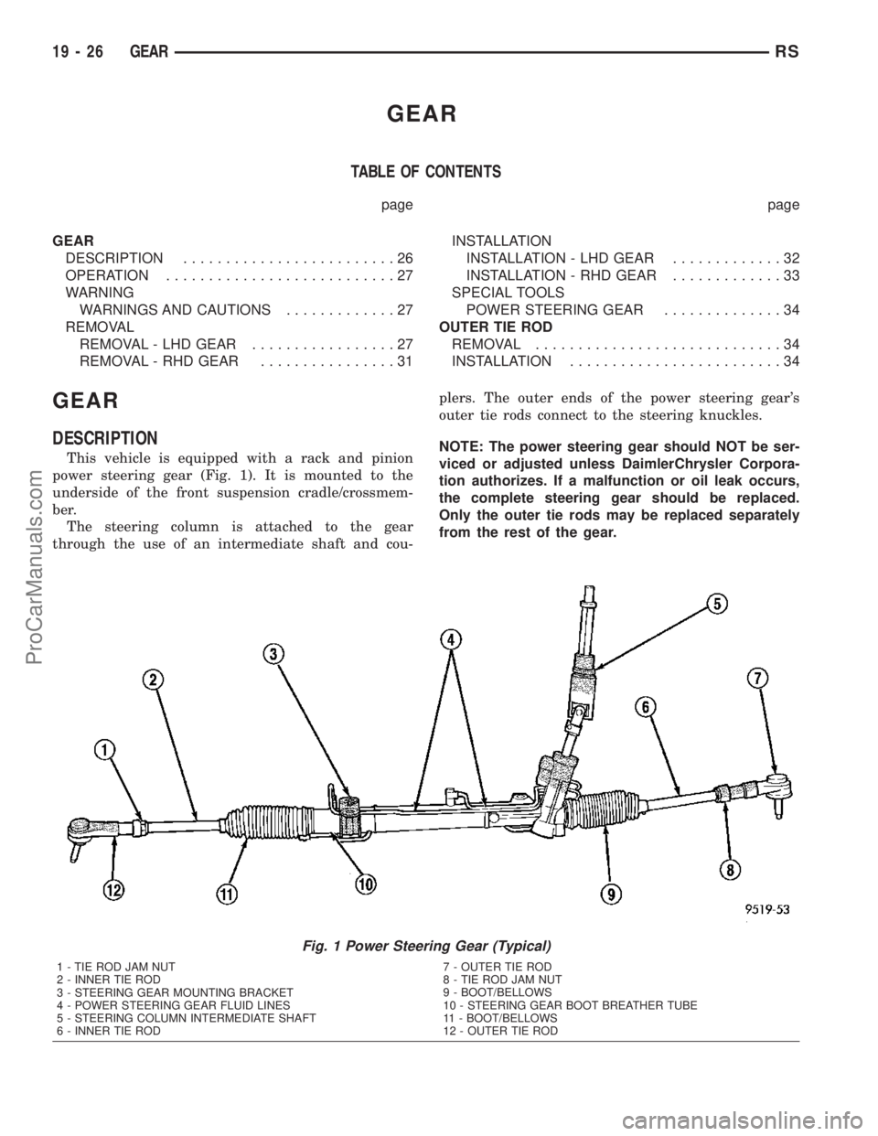 CHRYSLER CARAVAN 2003 Workshop Manual GEAR
TABLE OF CONTENTS
page page
GEAR
DESCRIPTION.........................26
OPERATION...........................27
WARNING
WARNINGS AND CAUTIONS.............27
REMOVAL
REMOVAL - LHD GEAR............. CHRYSLER CARAVAN 2003 Workshop Manual GEAR
TABLE OF CONTENTS
page page
GEAR
DESCRIPTION.........................26
OPERATION...........................27
WARNING
WARNINGS AND CAUTIONS.............27
REMOVAL
REMOVAL - LHD GEAR.............