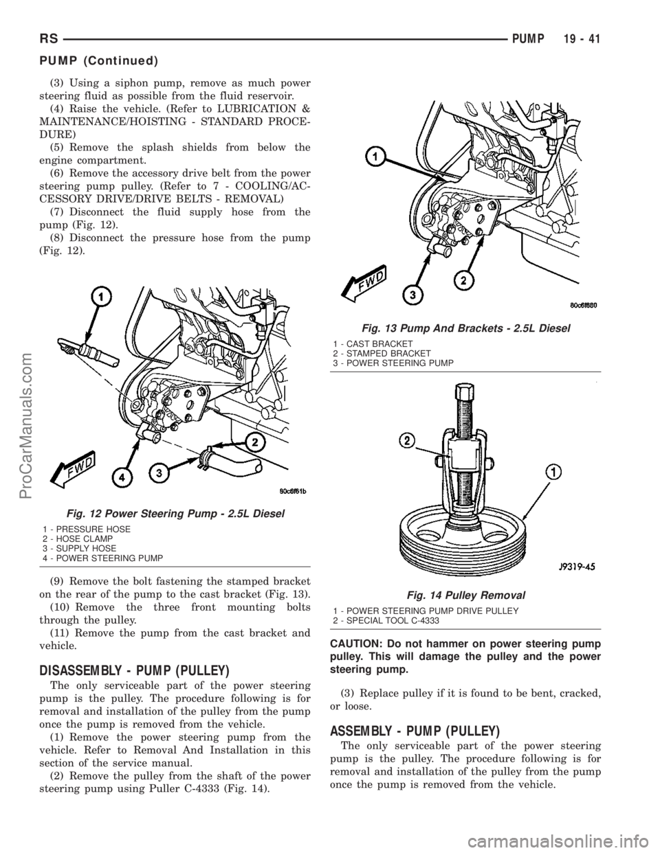 CHRYSLER CARAVAN 2003 Manual Online (3) Using a siphon pump, remove as much power
steering fluid as possible from the fluid reservoir.
(4) Raise the vehicle. (Refer to LUBRICATION &
MAINTENANCE/HOISTING - STANDARD PROCE-
DURE)
(5) Remov