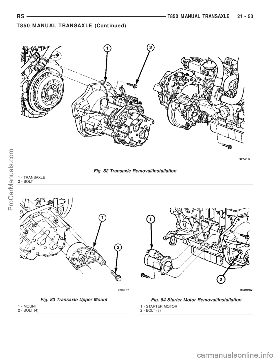 CHRYSLER CARAVAN 2003 Service Manual Fig. 82 Transaxle Removal/Installation
1 - TRANSAXLE
2 - BOLT
Fig. 83 Transaxle Upper Mount
1 - MOUNT
2 - BOLT (4)
Fig. 84 Starter Motor Removal/Installation
1 - STARTER MOTOR
2 - BOLT (3)
RST850 MANU CHRYSLER CARAVAN 2003 Service Manual Fig. 82 Transaxle Removal/Installation
1 - TRANSAXLE
2 - BOLT
Fig. 83 Transaxle Upper Mount
1 - MOUNT
2 - BOLT (4)
Fig. 84 Starter Motor Removal/Installation
1 - STARTER MOTOR
2 - BOLT (3)
RST850 MANU