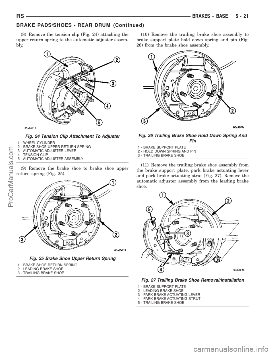 CHRYSLER CARAVAN 2003 Manual Online (8) Remove the tension clip (Fig. 24) attaching the
upper return spring to the automatic adjuster assem-
bly.
(9) Remove the brake shoe to brake shoe upper
return spring (Fig. 25).(10) Remove the trai CHRYSLER CARAVAN 2003 Manual Online (8) Remove the tension clip (Fig. 24) attaching the
upper return spring to the automatic adjuster assem-
bly.
(9) Remove the brake shoe to brake shoe upper
return spring (Fig. 25).(10) Remove the trai