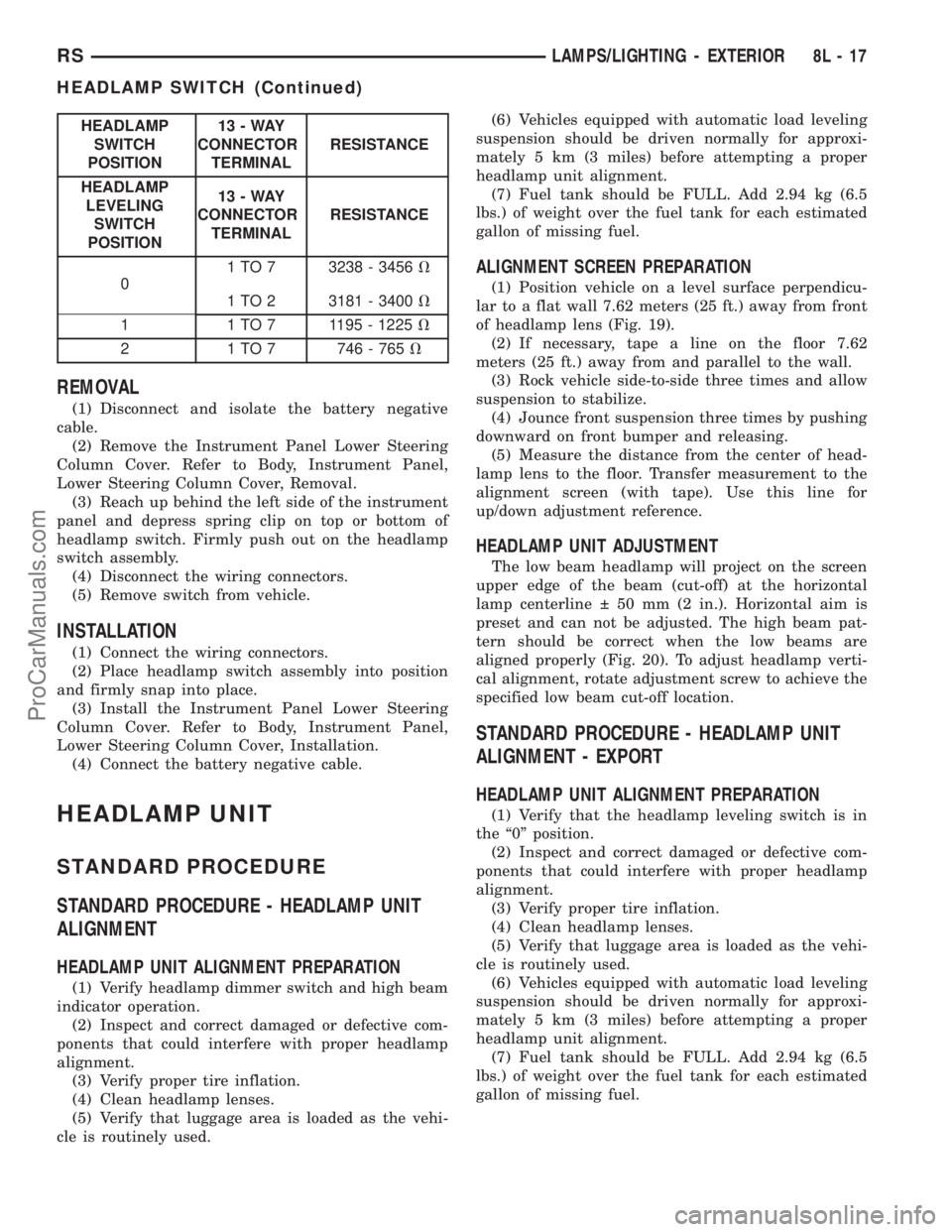 CHRYSLER CARAVAN 2003 User Guide HEADLAMP
SWITCH
POSITION13-WAY
CONNECTOR
TERMINALRESISTANCE
HEADLAMP
LEVELING
SWITCH
POSITION13-WAY
CONNECTOR
TERMINALRESISTANCE
01 TO 7 3238 - 3456V
1 TO 2 3181 - 3400V
1 1 TO 7 1195 - 1225V
2 1 TO 7 CHRYSLER CARAVAN 2003 User Guide HEADLAMP
SWITCH
POSITION13-WAY
CONNECTOR
TERMINALRESISTANCE
HEADLAMP
LEVELING
SWITCH
POSITION13-WAY
CONNECTOR
TERMINALRESISTANCE
01 TO 7 3238 - 3456V
1 TO 2 3181 - 3400V
1 1 TO 7 1195 - 1225V
2 1 TO 7