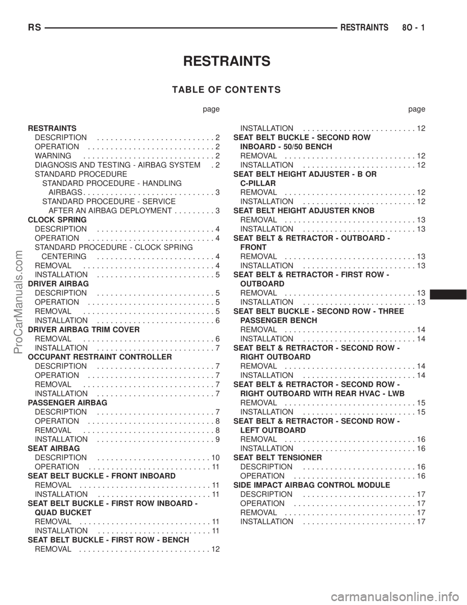 CHRYSLER CARAVAN 2003 Owners Guide RESTRAINTS
TABLE OF CONTENTS
page page
RESTRAINTS
DESCRIPTION..........................2
OPERATION............................2
WARNING.............................2
DIAGNOSIS AND TESTING - AIRBAG SYS CHRYSLER CARAVAN 2003 Owners Guide RESTRAINTS
TABLE OF CONTENTS
page page
RESTRAINTS
DESCRIPTION..........................2
OPERATION............................2
WARNING.............................2
DIAGNOSIS AND TESTING - AIRBAG SYS