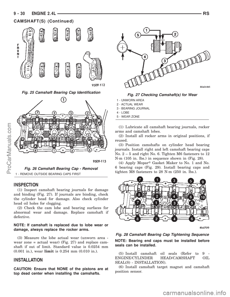 CHRYSLER CARAVAN 2002 Service Manual INSPECTION
(1) Inspect camshaft bearing journals for damage
and binding (Fig. 27). If journals are binding, check
the cylinder head for damage. Also check cylinder
head oil holes for clogging.
(2) Che CHRYSLER CARAVAN 2002 Service Manual INSPECTION
(1) Inspect camshaft bearing journals for damage
and binding (Fig. 27). If journals are binding, check
the cylinder head for damage. Also check cylinder
head oil holes for clogging.
(2) Che