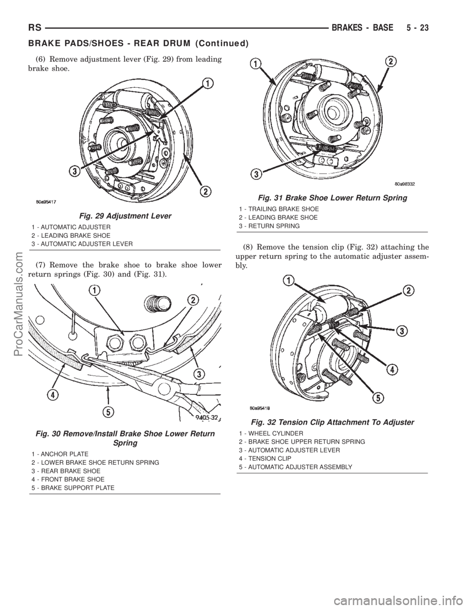CHRYSLER CARAVAN 2002 Manual PDF (6) Remove adjustment lever (Fig. 29) from leading
brake shoe.
(7) Remove the brake shoe to brake shoe lower
return springs (Fig. 30) and (Fig. 31).(8) Remove the tension clip (Fig. 32) attaching the
CHRYSLER CARAVAN 2002 Manual PDF (6) Remove adjustment lever (Fig. 29) from leading
brake shoe.
(7) Remove the brake shoe to brake shoe lower
return springs (Fig. 30) and (Fig. 31).(8) Remove the tension clip (Fig. 32) attaching the