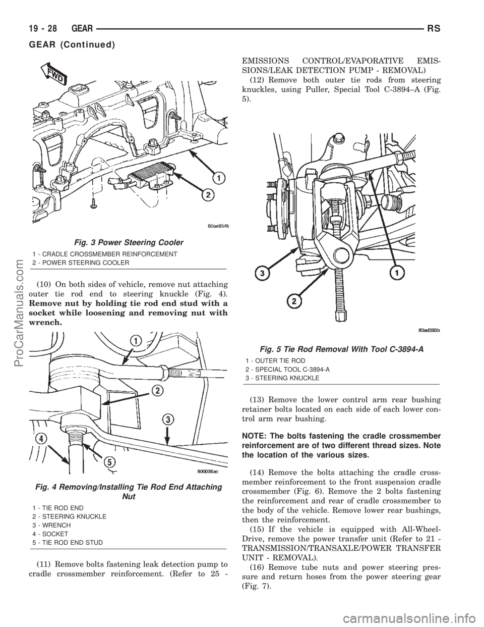 CHRYSLER CARAVAN 2002 Service Manual (10) On both sides of vehicle, remove nut attaching
outer tie rod end to steering knuckle (Fig. 4).
Remove nut by holding tie rod end stud with a
socket while loosening and removing nut with
wrench.
( CHRYSLER CARAVAN 2002 Service Manual (10) On both sides of vehicle, remove nut attaching
outer tie rod end to steering knuckle (Fig. 4).
Remove nut by holding tie rod end stud with a
socket while loosening and removing nut with
wrench.
(