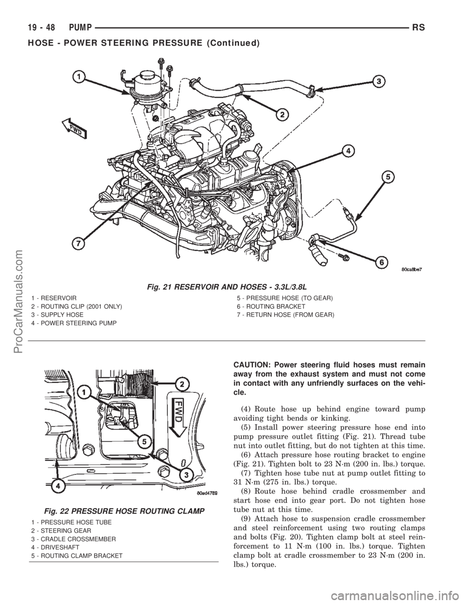CHRYSLER CARAVAN 2002 Owners Guide CAUTION: Power steering fluid hoses must remain
away from the exhaust system and must not come
in contact with any unfriendly surfaces on the vehi-
cle.
(4) Route hose up behind engine toward pump
avo CHRYSLER CARAVAN 2002 Owners Guide CAUTION: Power steering fluid hoses must remain
away from the exhaust system and must not come
in contact with any unfriendly surfaces on the vehi-
cle.
(4) Route hose up behind engine toward pump
avo