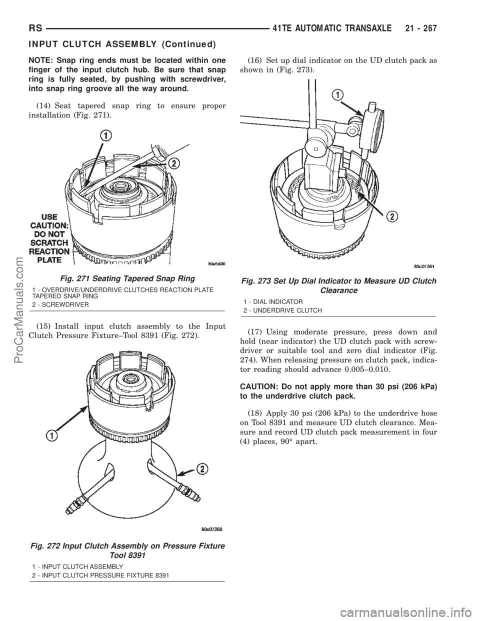 CHRYSLER CARAVAN 2002  Service Manual NOTE: Snap ring ends must be located within one
finger of the input clutch hub. Be sure that snap
ring is fully seated, by pushing with screwdriver,
into snap ring groove all the way around.
(14) Seat