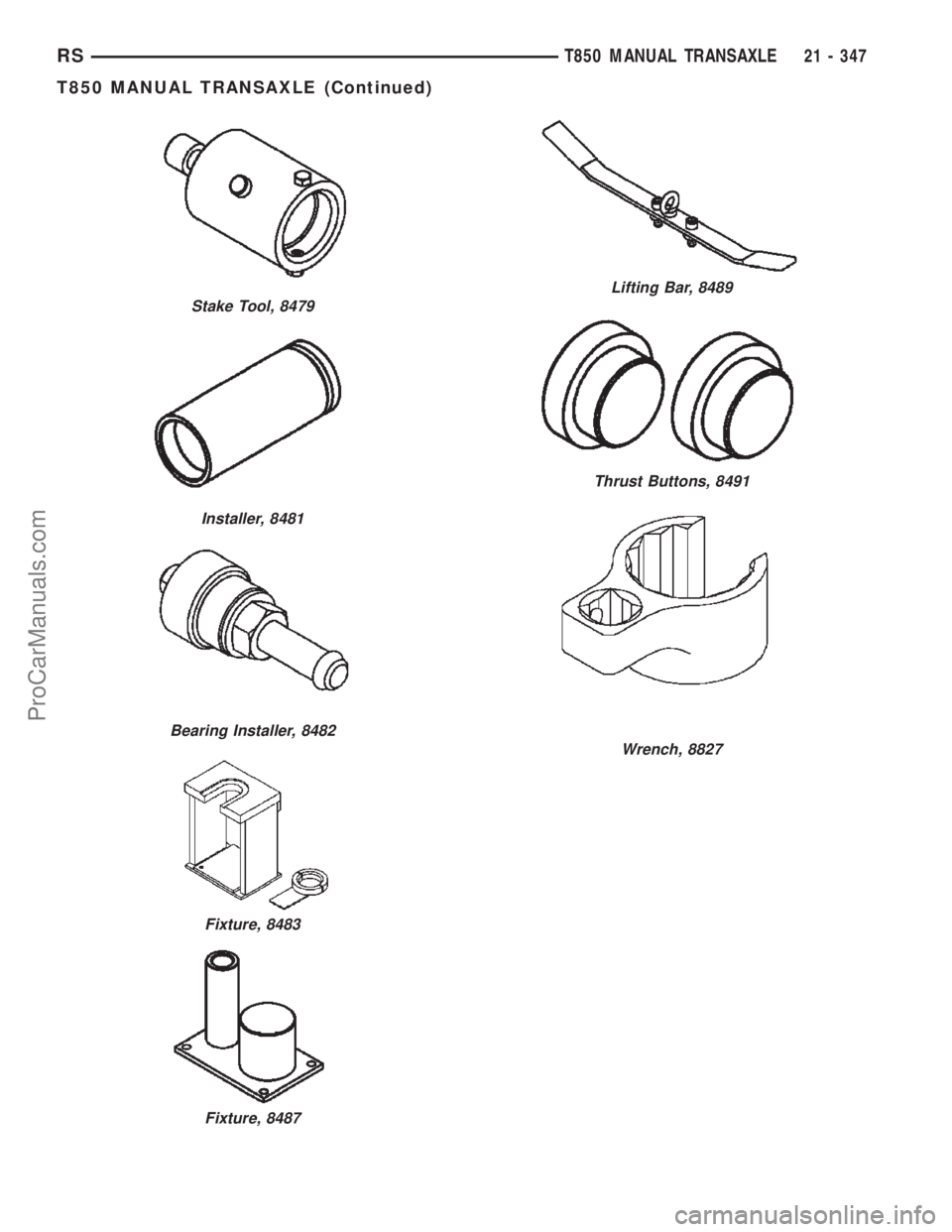 CHRYSLER CARAVAN 2002 User Guide Stake Tool, 8479
Installer, 8481
Bearing Installer, 8482
Fixture, 8483
Fixture, 8487
Lifting Bar, 8489
Thrust Buttons, 8491
Wrench, 8827
RST850 MANUAL TRANSAXLE21 - 347
T850 MANUAL TRANSAXLE (Continue CHRYSLER CARAVAN 2002 User Guide Stake Tool, 8479
Installer, 8481
Bearing Installer, 8482
Fixture, 8483
Fixture, 8487
Lifting Bar, 8489
Thrust Buttons, 8491
Wrench, 8827
RST850 MANUAL TRANSAXLE21 - 347
T850 MANUAL TRANSAXLE (Continue