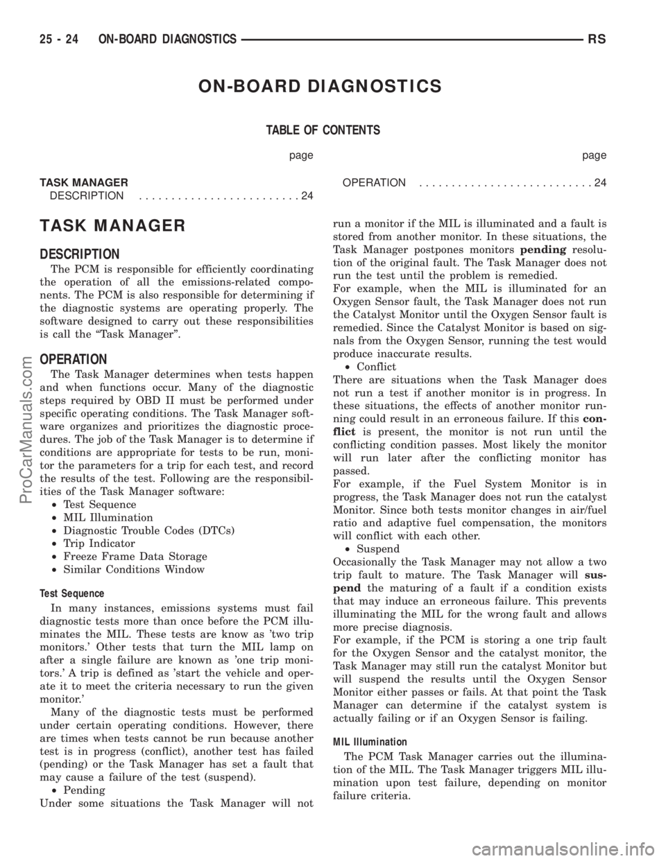 CHRYSLER CARAVAN 2002 Service Manual ON-BOARD DIAGNOSTICS
TABLE OF CONTENTS
page page
TASK MANAGER
DESCRIPTION.........................24OPERATION...........................24
TASK MANAGER
DESCRIPTION
The PCM is responsible for efficient CHRYSLER CARAVAN 2002 Service Manual ON-BOARD DIAGNOSTICS
TABLE OF CONTENTS
page page
TASK MANAGER
DESCRIPTION.........................24OPERATION...........................24
TASK MANAGER
DESCRIPTION
The PCM is responsible for efficient