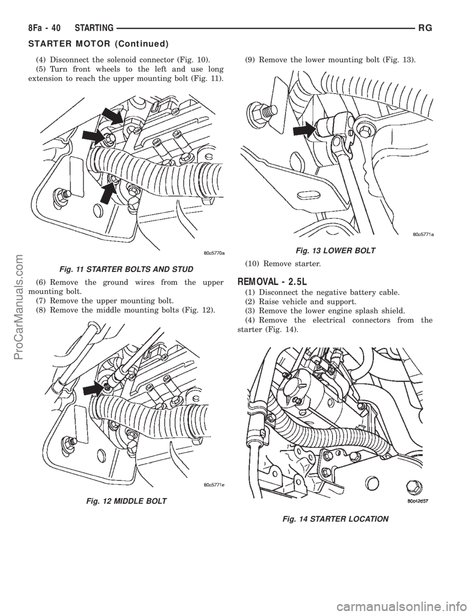 CHRYSLER CARAVAN 2002 Service Manual (4) Disconnect the solenoid connector (Fig. 10).
(5) Turn front wheels to the left and use long
extension to reach the upper mounting bolt (Fig. 11).
(6) Remove the ground wires from the upper
mountin CHRYSLER CARAVAN 2002 Service Manual (4) Disconnect the solenoid connector (Fig. 10).
(5) Turn front wheels to the left and use long
extension to reach the upper mounting bolt (Fig. 11).
(6) Remove the ground wires from the upper
mountin