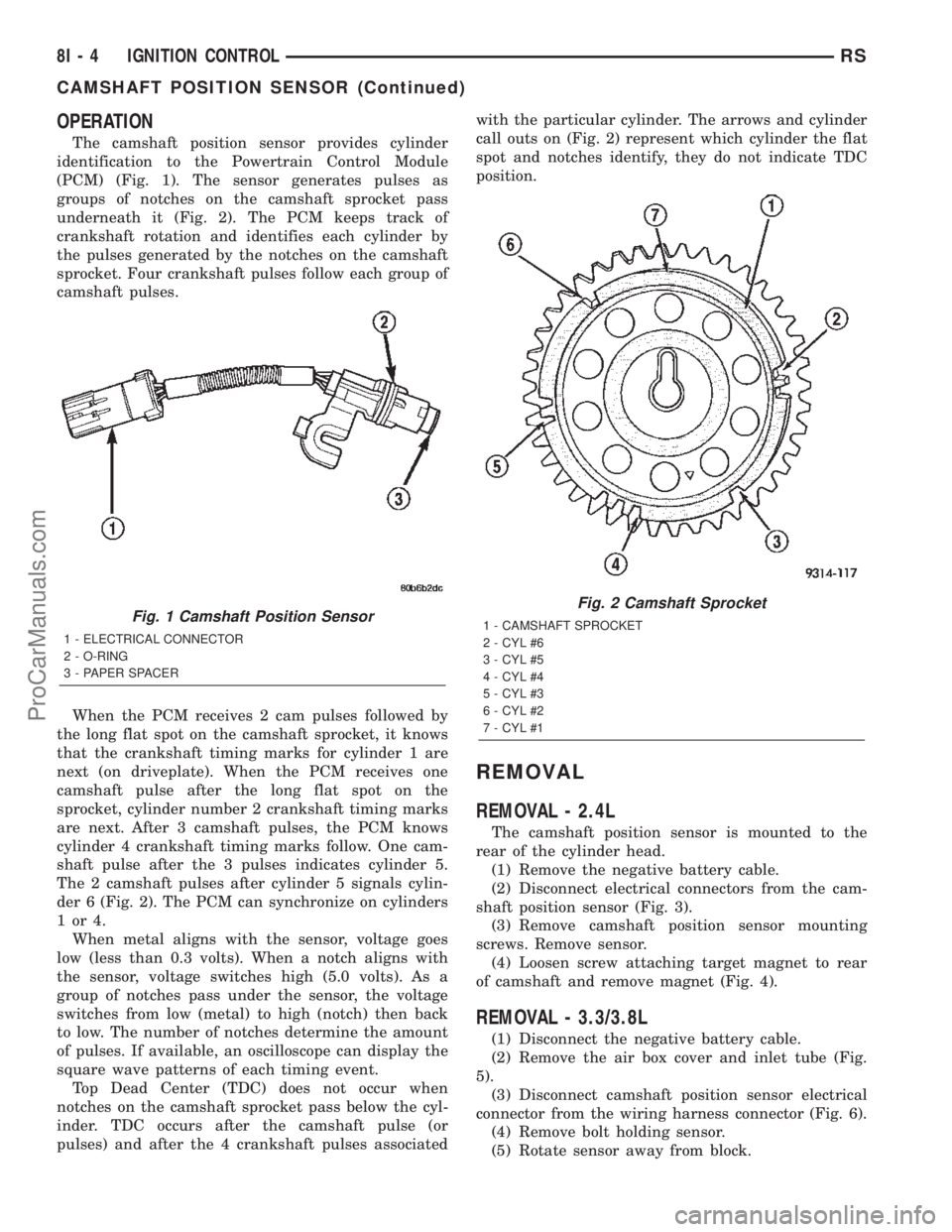 CHRYSLER CARAVAN 2002 Service Manual OPERATION
The camshaft position sensor provides cylinder
identification to the Powertrain Control Module
(PCM) (Fig. 1). The sensor generates pulses as
groups of notches on the camshaft sprocket pass
CHRYSLER CARAVAN 2002 Service Manual OPERATION
The camshaft position sensor provides cylinder
identification to the Powertrain Control Module
(PCM) (Fig. 1). The sensor generates pulses as
groups of notches on the camshaft sprocket pass