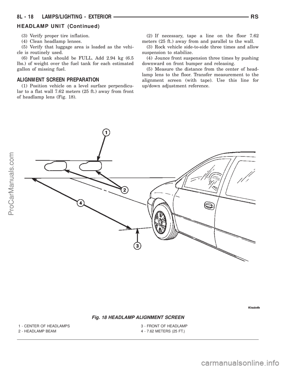 CHRYSLER CARAVAN 2002 Service Manual (3) Verify proper tire inflation.
(4) Clean headlamp lenses.
(5) Verify that luggage area is loaded as the vehi-
cle is routinely used.
(6) Fuel tank should be FULL. Add 2.94 kg (6.5
lbs.) of weight o CHRYSLER CARAVAN 2002 Service Manual (3) Verify proper tire inflation.
(4) Clean headlamp lenses.
(5) Verify that luggage area is loaded as the vehi-
cle is routinely used.
(6) Fuel tank should be FULL. Add 2.94 kg (6.5
lbs.) of weight o