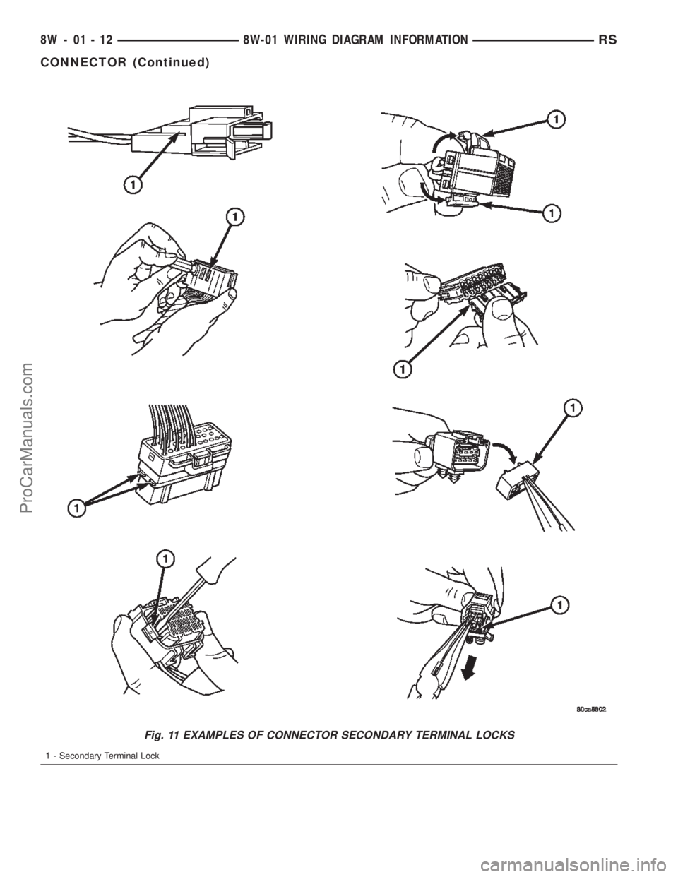 CHRYSLER CARAVAN 2002 Manual Online Fig. 11 EXAMPLES OF CONNECTOR SECONDARY TERMINAL LOCKS
1 - Secondary Terminal Lock
8W - 01 - 12 8W-01 WIRING DIAGRAM INFORMATIONRS
CONNECTOR (Continued)
ProCarManuals.com CHRYSLER CARAVAN 2002 Manual Online Fig. 11 EXAMPLES OF CONNECTOR SECONDARY TERMINAL LOCKS
1 - Secondary Terminal Lock
8W - 01 - 12 8W-01 WIRING DIAGRAM INFORMATIONRS
CONNECTOR (Continued)
ProCarManuals.com