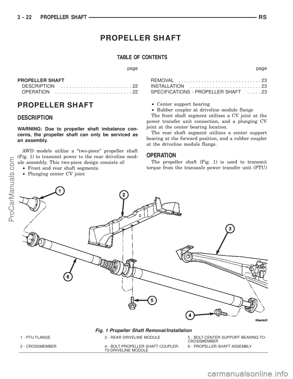 CHRYSLER TOWN AND COUNTRY 2002 Service Manual PROPELLER SHAFT
TABLE OF CONTENTS
page page
PROPELLER SHAFT
DESCRIPTION.........................22
OPERATION...........................22REMOVAL.............................23
INSTALLATION............ CHRYSLER TOWN AND COUNTRY 2002 Service Manual PROPELLER SHAFT
TABLE OF CONTENTS
page page
PROPELLER SHAFT
DESCRIPTION.........................22
OPERATION...........................22REMOVAL.............................23
INSTALLATION............