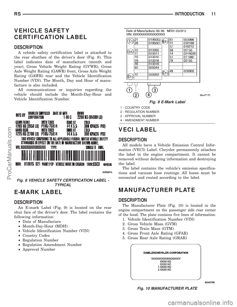 CHRYSLER TOWN AND COUNTRY 2002 User Guide VEHICLE SAFETY
CERTIFICATION LABEL
DESCRIPTION
A vehicle safety certification label is attached to
the rear shutface of the drivers door (Fig. 8). This
label indicates date of manufacture (month and
CHRYSLER TOWN AND COUNTRY 2002 User Guide VEHICLE SAFETY
CERTIFICATION LABEL
DESCRIPTION
A vehicle safety certification label is attached to
the rear shutface of the drivers door (Fig. 8). This
label indicates date of manufacture (month and