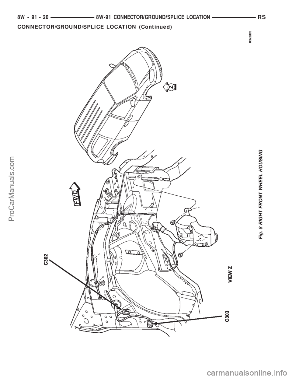 CHRYSLER TOWN AND COUNTRY 2002  Service Manual Fig. 8 RIGHT FRONT WHEEL HOUSING
8W - 91 - 20 8W-91 CONNECTOR/GROUND/SPLICE LOCATIONRS
CONNECTOR/GROUND/SPLICE LOCATION (Continued)
ProCarManuals.com 