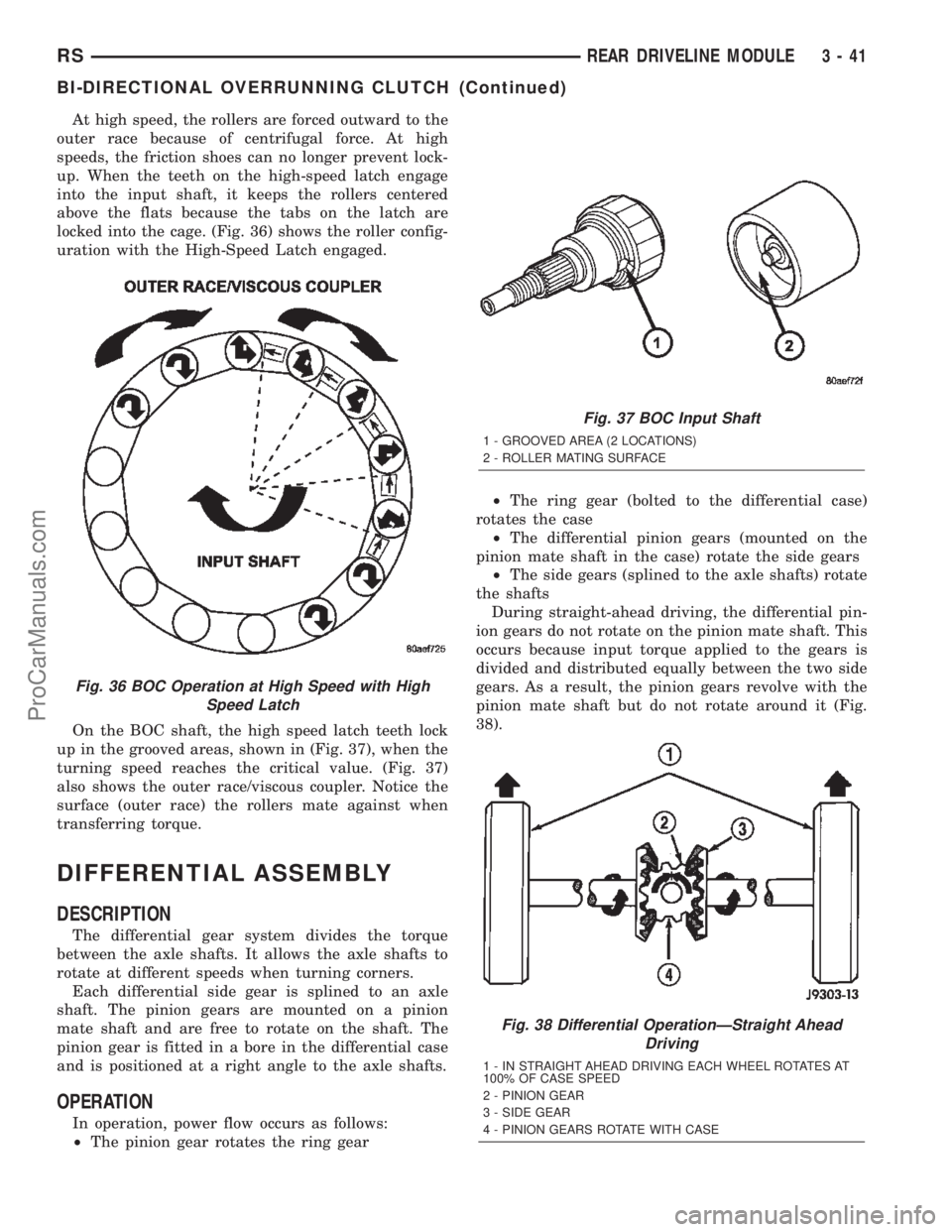 CHRYSLER TOWN AND COUNTRY 2002 Service Manual At high speed, the rollers are forced outward to the
outer race because of centrifugal force. At high
speeds, the friction shoes can no longer prevent lock-
up. When the teeth on the high-speed latch CHRYSLER TOWN AND COUNTRY 2002 Service Manual At high speed, the rollers are forced outward to the
outer race because of centrifugal force. At high
speeds, the friction shoes can no longer prevent lock-
up. When the teeth on the high-speed latch
