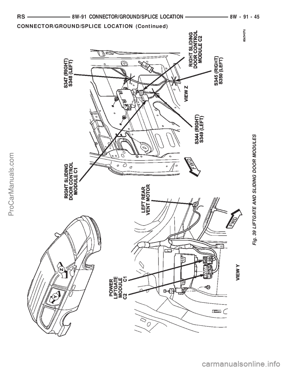 CHRYSLER TOWN AND COUNTRY 2002  Service Manual Fig. 39 LIFTGATE AND SLIDING DOOR MODULES
RS8W-91 CONNECTOR/GROUND/SPLICE LOCATION8W-91-45
CONNECTOR/GROUND/SPLICE LOCATION (Continued)
ProCarManuals.com 