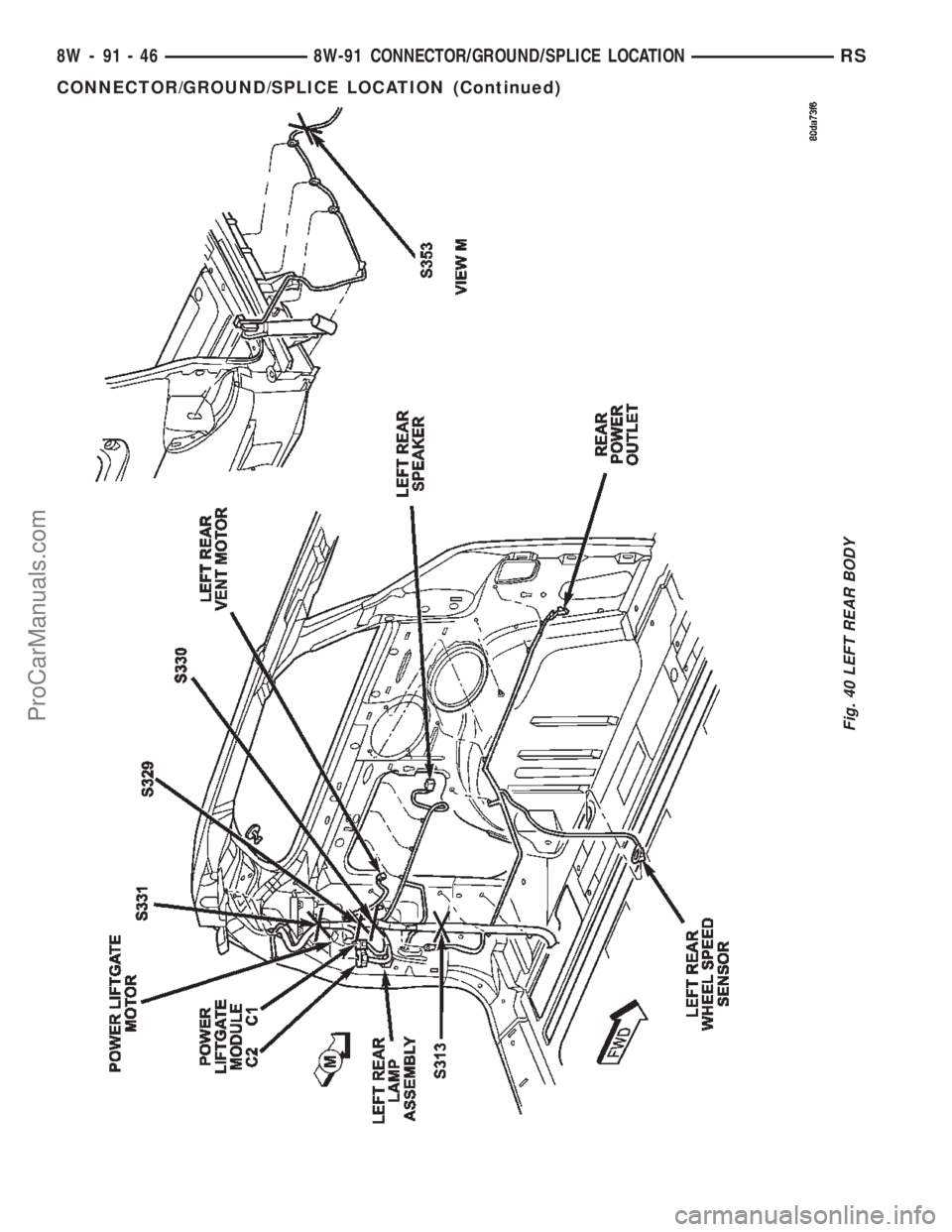 CHRYSLER TOWN AND COUNTRY 2002  Service Manual Fig. 40 LEFT REAR BODY
8W - 91 - 46 8W-91 CONNECTOR/GROUND/SPLICE LOCATIONRS
CONNECTOR/GROUND/SPLICE LOCATION (Continued)
ProCarManuals.com 