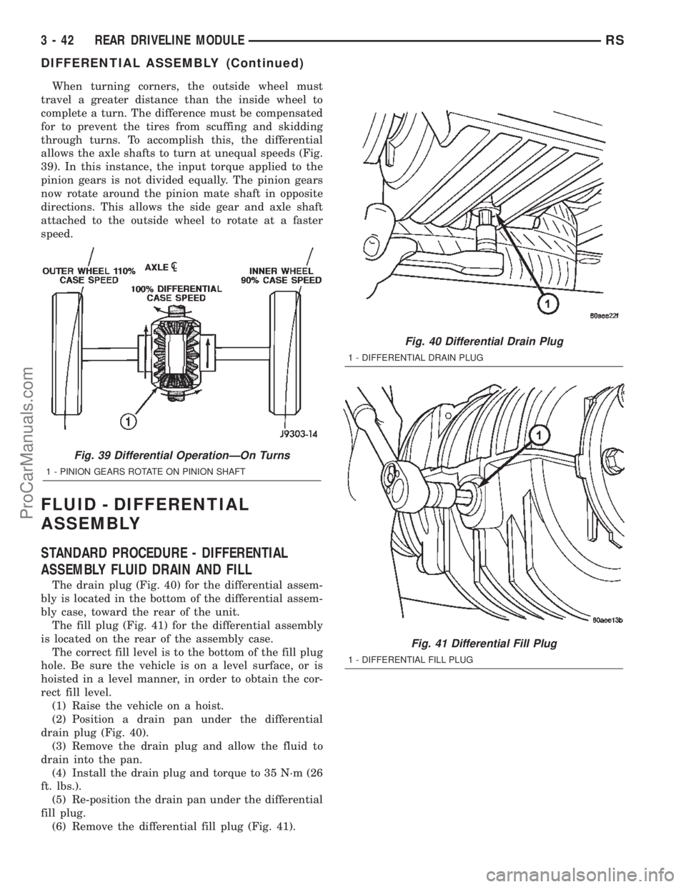 CHRYSLER TOWN AND COUNTRY 2002 Service Manual When turning corners, the outside wheel must
travel a greater distance than the inside wheel to
complete a turn. The difference must be compensated
for to prevent the tires from scuffing and skidding
CHRYSLER TOWN AND COUNTRY 2002 Service Manual When turning corners, the outside wheel must
travel a greater distance than the inside wheel to
complete a turn. The difference must be compensated
for to prevent the tires from scuffing and skidding