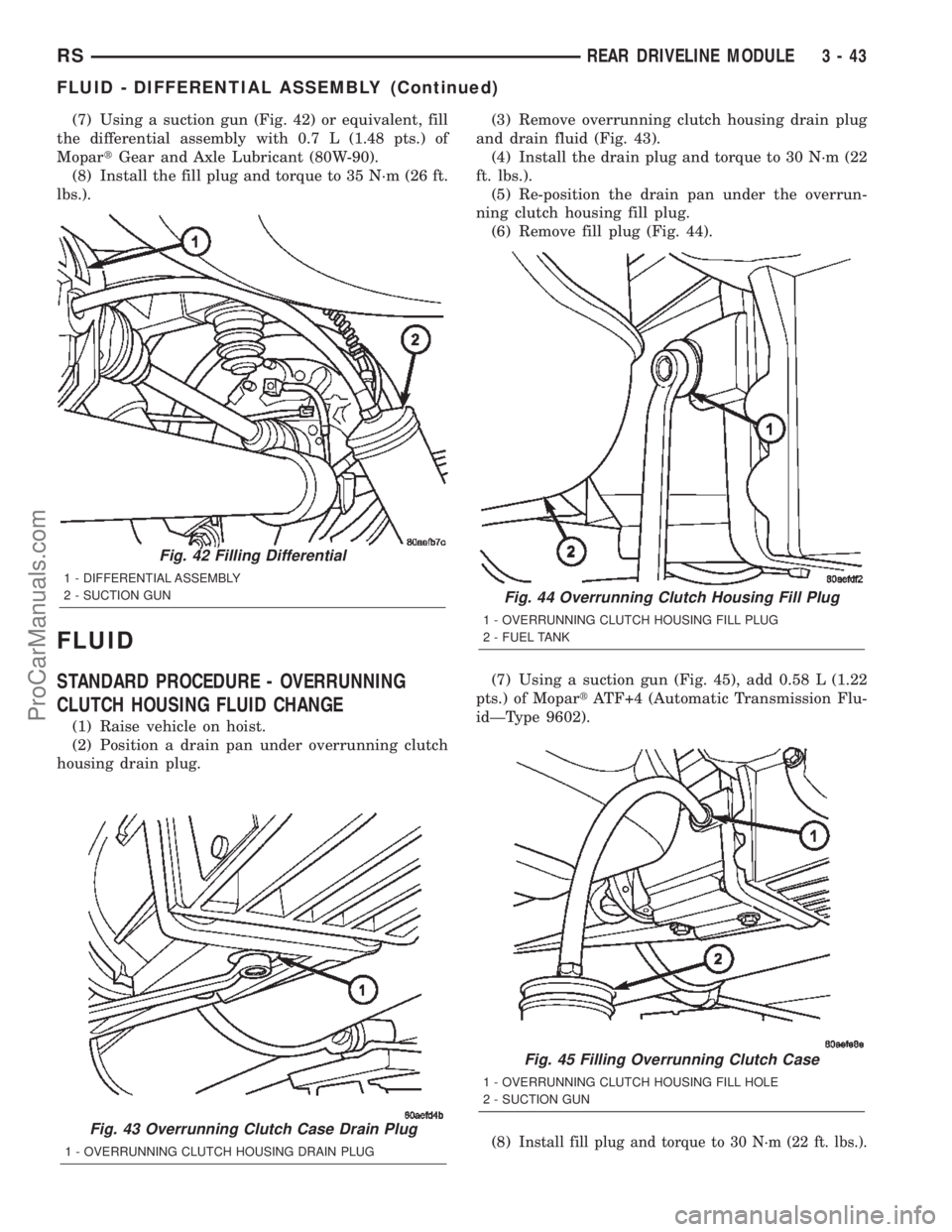 CHRYSLER TOWN AND COUNTRY 2002  Service Manual (7) Using a suction gun (Fig. 42) or equivalent, fill
the differential assembly with 0.7 L (1.48 pts.) of
MopartGear and Axle Lubricant (80W-90).
(8) Install the fill plug and torque to 35 N´m (26 ft