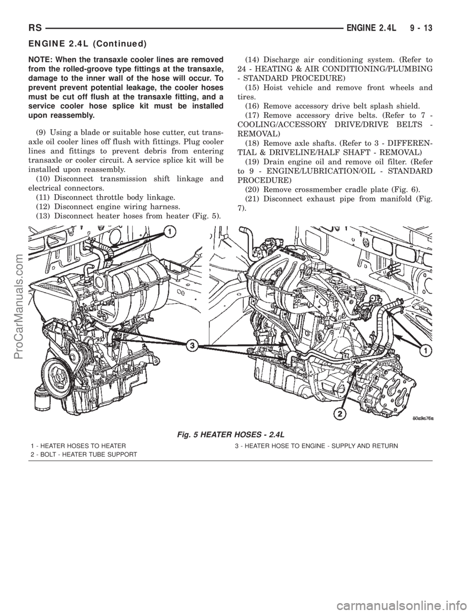 CHRYSLER TOWN AND COUNTRY 2002  Service Manual NOTE: When the transaxle cooler lines are removed
from the rolled-groove type fittings at the transaxle,
damage to the inner wall of the hose will occur. To
prevent prevent potential leakage, the cool