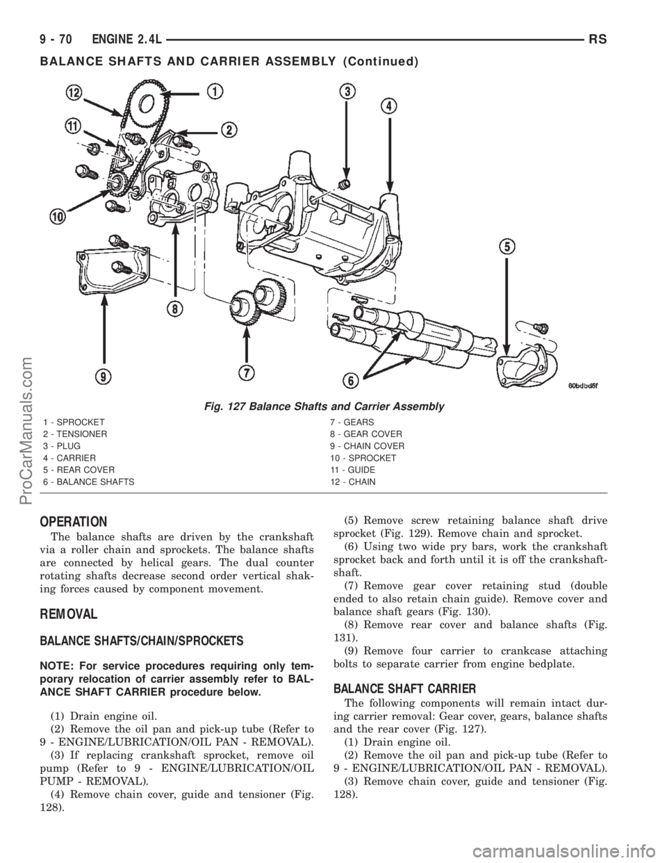 CHRYSLER TOWN AND COUNTRY 2002  Service Manual OPERATION
The balance shafts are driven by the crankshaft
via a roller chain and sprockets. The balance shafts
are connected by helical gears. The dual counter
rotating shafts decrease second order ve