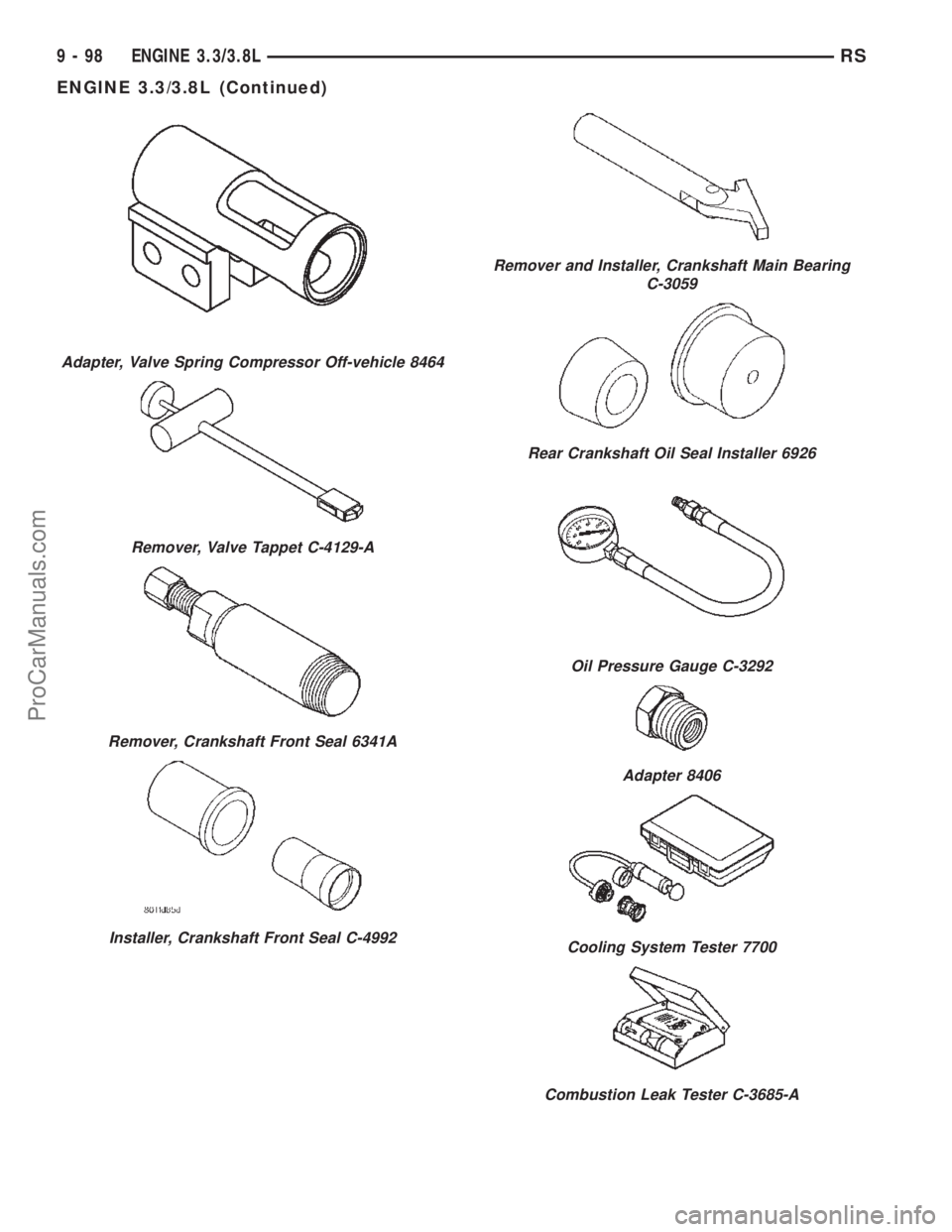 CHRYSLER TOWN AND COUNTRY 2002 Service Manual Adapter, Valve Spring Compressor Off-vehicle 8464
Remover, Valve Tappet C-4129-A
Remover, Crankshaft Front Seal 6341A
Installer, Crankshaft Front Seal C-4992
Remover and Installer, Crankshaft Main Bea CHRYSLER TOWN AND COUNTRY 2002 Service Manual Adapter, Valve Spring Compressor Off-vehicle 8464
Remover, Valve Tappet C-4129-A
Remover, Crankshaft Front Seal 6341A
Installer, Crankshaft Front Seal C-4992
Remover and Installer, Crankshaft Main Bea
