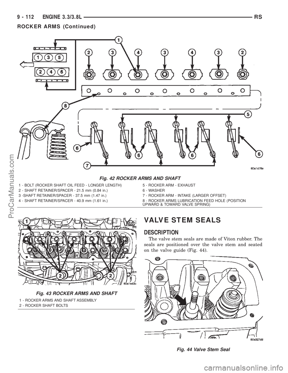 CHRYSLER TOWN AND COUNTRY 2002 Service Manual VALVE STEM SEALS
DESCRIPTION
The valve stem seals are made of Viton rubber. The
seals are positioned over the valve stem and seated
on the valve guide (Fig. 44).
Fig. 42 ROCKER ARMS AND SHAFT
1 - BOLT CHRYSLER TOWN AND COUNTRY 2002 Service Manual VALVE STEM SEALS
DESCRIPTION
The valve stem seals are made of Viton rubber. The
seals are positioned over the valve stem and seated
on the valve guide (Fig. 44).
Fig. 42 ROCKER ARMS AND SHAFT
1 - BOLT