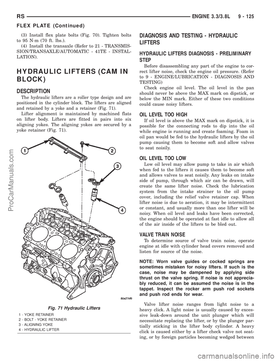CHRYSLER TOWN AND COUNTRY 2002 Service Manual (3) Install flex plate bolts (Fig. 70). Tighten bolts
to 95 N´m (70 ft. lbs.).
(4) Install the transaxle (Refer to 21 - TRANSMIS-
SION/TRANSAXLE/AUTOMATIC - 41TE - INSTAL-
LATION).
HYDRAULIC LIFTERS CHRYSLER TOWN AND COUNTRY 2002 Service Manual (3) Install flex plate bolts (Fig. 70). Tighten bolts
to 95 N´m (70 ft. lbs.).
(4) Install the transaxle (Refer to 21 - TRANSMIS-
SION/TRANSAXLE/AUTOMATIC - 41TE - INSTAL-
LATION).
HYDRAULIC LIFTERS