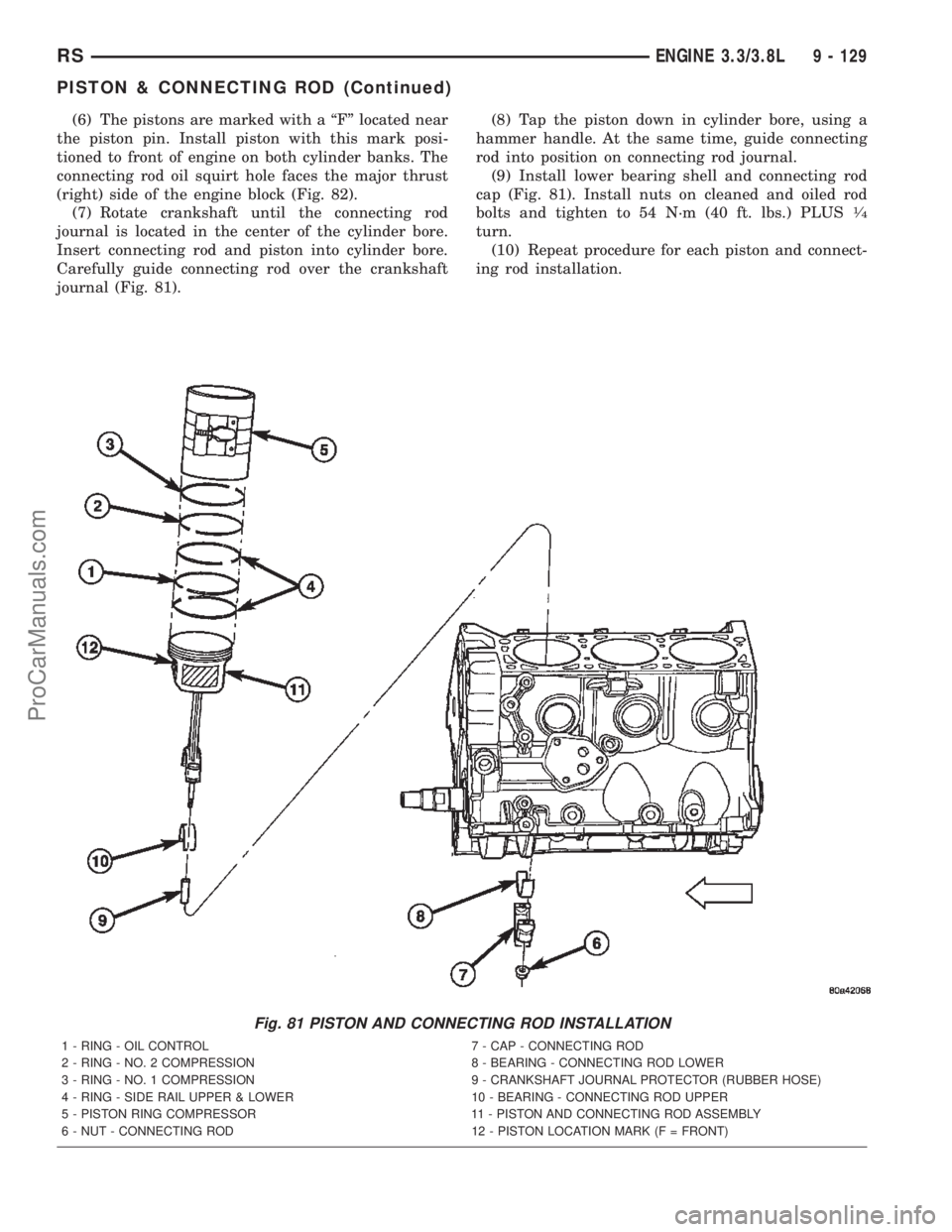 CHRYSLER TOWN AND COUNTRY 2002 Service Manual (6) The pistons are marked with a ªFº located near
the piston pin. Install piston with this mark posi-
tioned to front of engine on both cylinder banks. The
connecting rod oil squirt hole faces the CHRYSLER TOWN AND COUNTRY 2002 Service Manual (6) The pistons are marked with a ªFº located near
the piston pin. Install piston with this mark posi-
tioned to front of engine on both cylinder banks. The
connecting rod oil squirt hole faces the