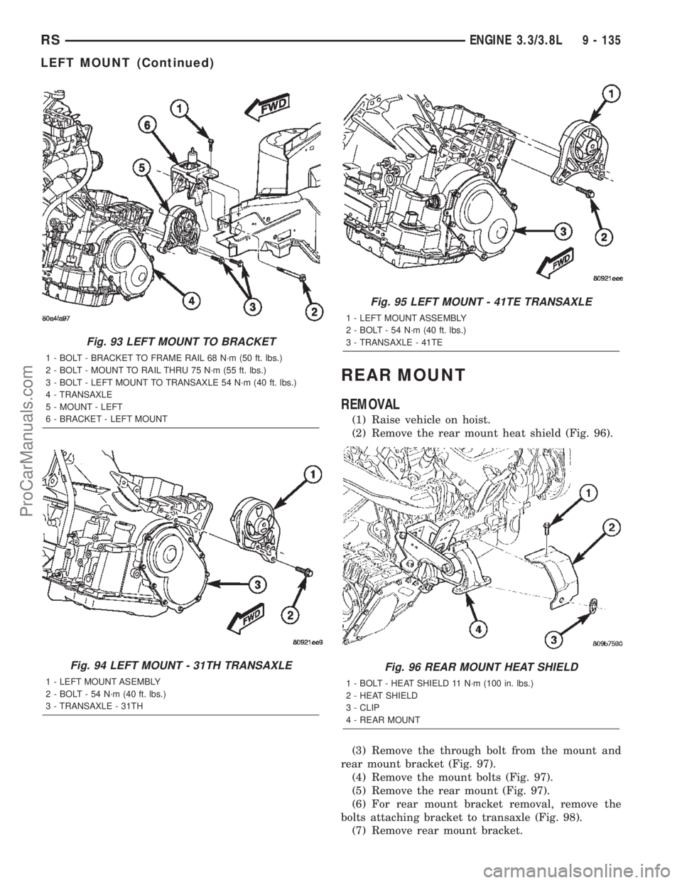 CHRYSLER TOWN AND COUNTRY 2002 Service Manual REAR MOUNT
REMOVAL
(1) Raise vehicle on hoist.
(2) Remove the rear mount heat shield (Fig. 96).
(3) Remove the through bolt from the mount and
rear mount bracket (Fig. 97).
(4) Remove the mount bolts CHRYSLER TOWN AND COUNTRY 2002 Service Manual REAR MOUNT
REMOVAL
(1) Raise vehicle on hoist.
(2) Remove the rear mount heat shield (Fig. 96).
(3) Remove the through bolt from the mount and
rear mount bracket (Fig. 97).
(4) Remove the mount bolts