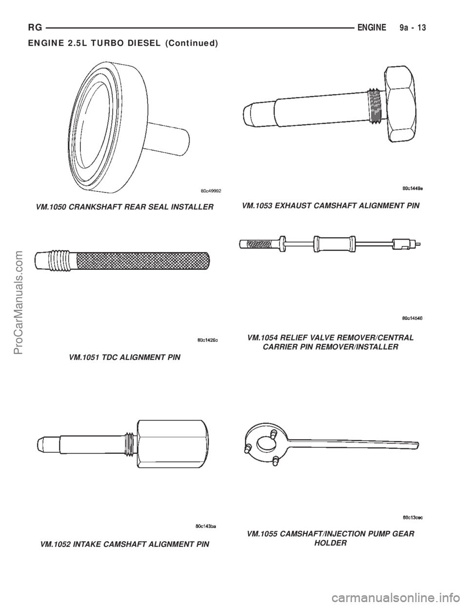 CHRYSLER TOWN AND COUNTRY 2002 Service Manual VM.1050 CRANKSHAFT REAR SEAL INSTALLER
VM.1051 TDC ALIGNMENT PIN
VM.1052 INTAKE CAMSHAFT ALIGNMENT PIN
VM.1053 EXHAUST CAMSHAFT ALIGNMENT PIN
VM.1054 RELIEF VALVE REMOVER/CENTRAL
CARRIER PIN REMOVER/I CHRYSLER TOWN AND COUNTRY 2002 Service Manual VM.1050 CRANKSHAFT REAR SEAL INSTALLER
VM.1051 TDC ALIGNMENT PIN
VM.1052 INTAKE CAMSHAFT ALIGNMENT PIN
VM.1053 EXHAUST CAMSHAFT ALIGNMENT PIN
VM.1054 RELIEF VALVE REMOVER/CENTRAL
CARRIER PIN REMOVER/I