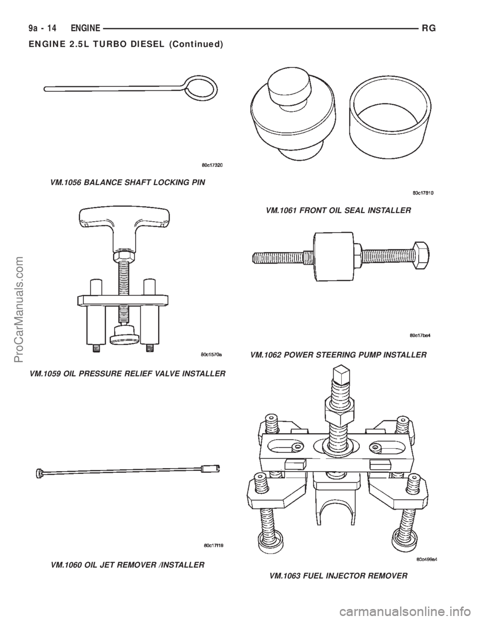 CHRYSLER TOWN AND COUNTRY 2002 Service Manual VM.1056 BALANCE SHAFT LOCKING PIN
VM.1059 OIL PRESSURE RELIEF VALVE INSTALLER
VM.1060 OIL JET REMOVER /INSTALLER
VM.1061 FRONT OIL SEAL INSTALLER
VM.1062 POWER STEERING PUMP INSTALLER
VM.1063 FUEL INJ CHRYSLER TOWN AND COUNTRY 2002 Service Manual VM.1056 BALANCE SHAFT LOCKING PIN
VM.1059 OIL PRESSURE RELIEF VALVE INSTALLER
VM.1060 OIL JET REMOVER /INSTALLER
VM.1061 FRONT OIL SEAL INSTALLER
VM.1062 POWER STEERING PUMP INSTALLER
VM.1063 FUEL INJ