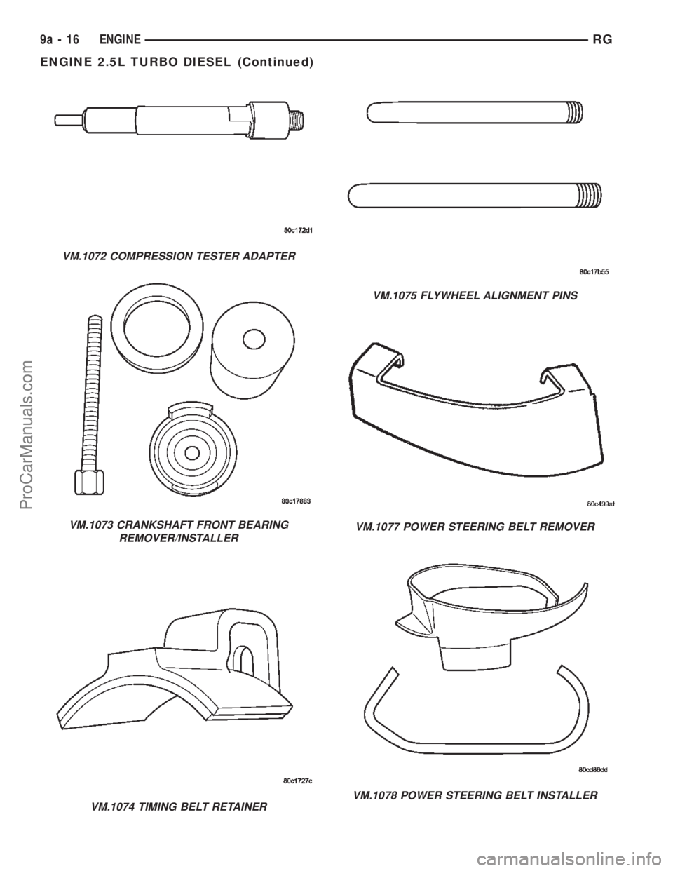 CHRYSLER TOWN AND COUNTRY 2002 Service Manual VM.1072 COMPRESSION TESTER ADAPTER
VM.1073 CRANKSHAFT FRONT BEARING
REMOVER/INSTALLER
VM.1074 TIMING BELT RETAINER
VM.1075 FLYWHEEL ALIGNMENT PINS
VM.1077 POWER STEERING BELT REMOVER
VM.1078 POWER STE CHRYSLER TOWN AND COUNTRY 2002 Service Manual VM.1072 COMPRESSION TESTER ADAPTER
VM.1073 CRANKSHAFT FRONT BEARING
REMOVER/INSTALLER
VM.1074 TIMING BELT RETAINER
VM.1075 FLYWHEEL ALIGNMENT PINS
VM.1077 POWER STEERING BELT REMOVER
VM.1078 POWER STE
