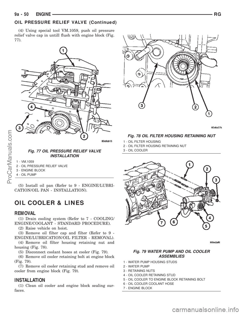 CHRYSLER TOWN AND COUNTRY 2002 Service Manual (4) Using special tool VM.1059, push oil pressure
relief valve cap in untill flush with engine block (Fig.
77).
(5) Install oil pan (Refer to 9 - ENGINE/LUBRI-
CATION/OIL PAN - INSTALLATION).
OIL COOL CHRYSLER TOWN AND COUNTRY 2002 Service Manual (4) Using special tool VM.1059, push oil pressure
relief valve cap in untill flush with engine block (Fig.
77).
(5) Install oil pan (Refer to 9 - ENGINE/LUBRI-
CATION/OIL PAN - INSTALLATION).
OIL COOL