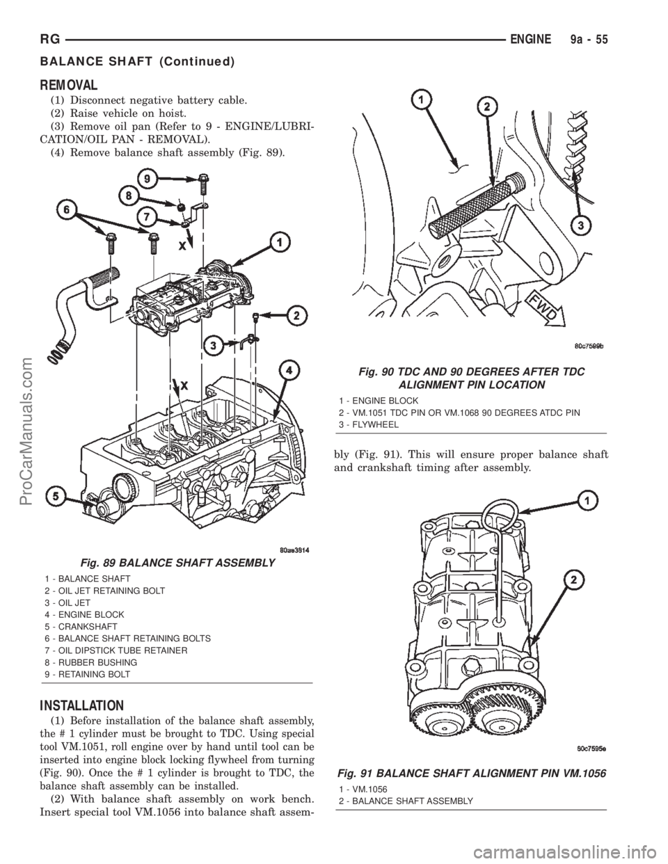 CHRYSLER TOWN AND COUNTRY 2002 Service Manual REMOVAL
(1) Disconnect negative battery cable.
(2) Raise vehicle on hoist.
(3) Remove oil pan (Refer to 9 - ENGINE/LUBRI-
CATION/OIL PAN - REMOVAL).
(4) Remove balance shaft assembly (Fig. 89).
INSTAL CHRYSLER TOWN AND COUNTRY 2002 Service Manual REMOVAL
(1) Disconnect negative battery cable.
(2) Raise vehicle on hoist.
(3) Remove oil pan (Refer to 9 - ENGINE/LUBRI-
CATION/OIL PAN - REMOVAL).
(4) Remove balance shaft assembly (Fig. 89).
INSTAL