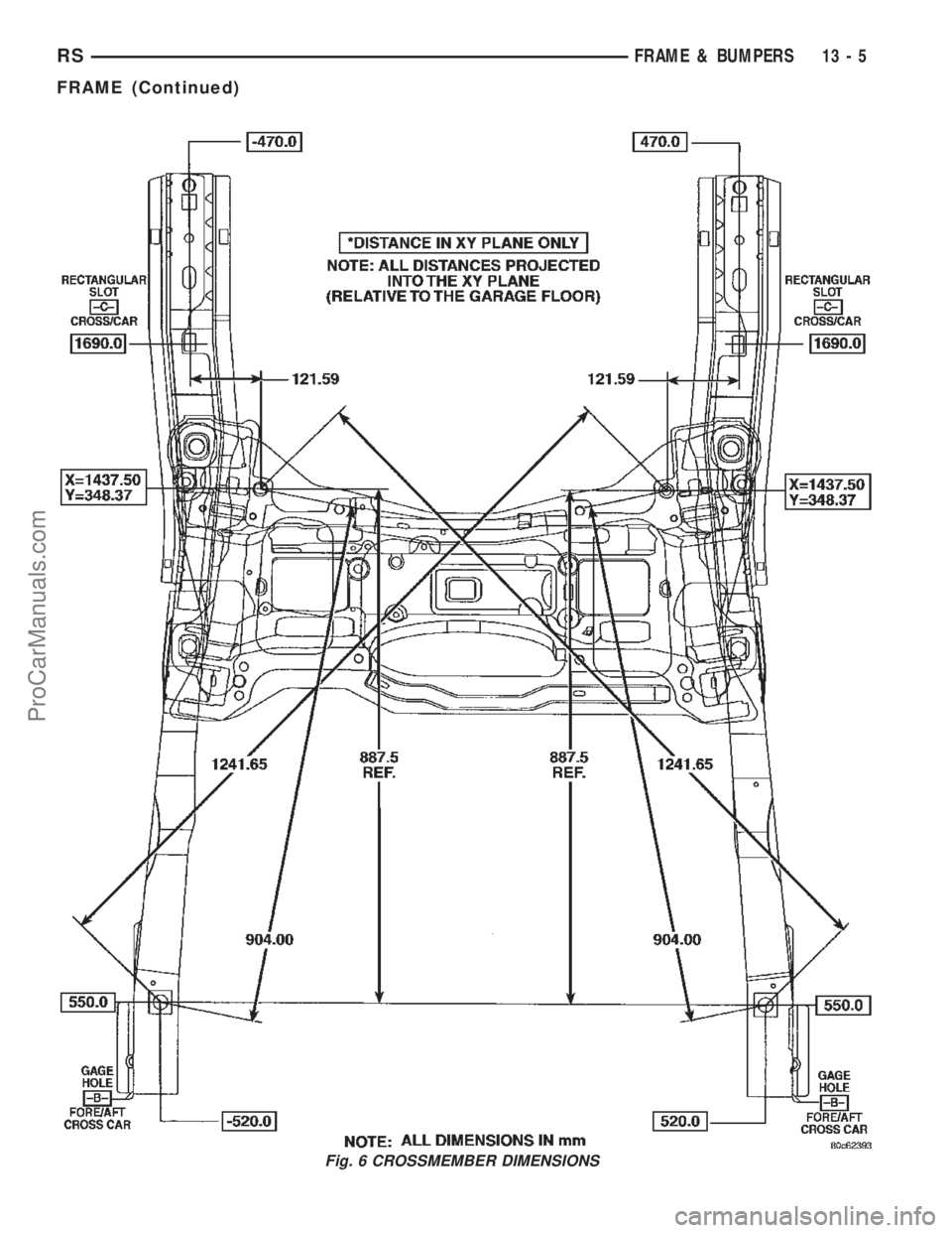 CHRYSLER TOWN AND COUNTRY 2002 Service Manual Fig. 6 CROSSMEMBER DIMENSIONS
RSFRAME & BUMPERS13-5
FRAME (Continued)
ProCarManuals.com CHRYSLER TOWN AND COUNTRY 2002 Service Manual Fig. 6 CROSSMEMBER DIMENSIONS
RSFRAME & BUMPERS13-5
FRAME (Continued)
ProCarManuals.com